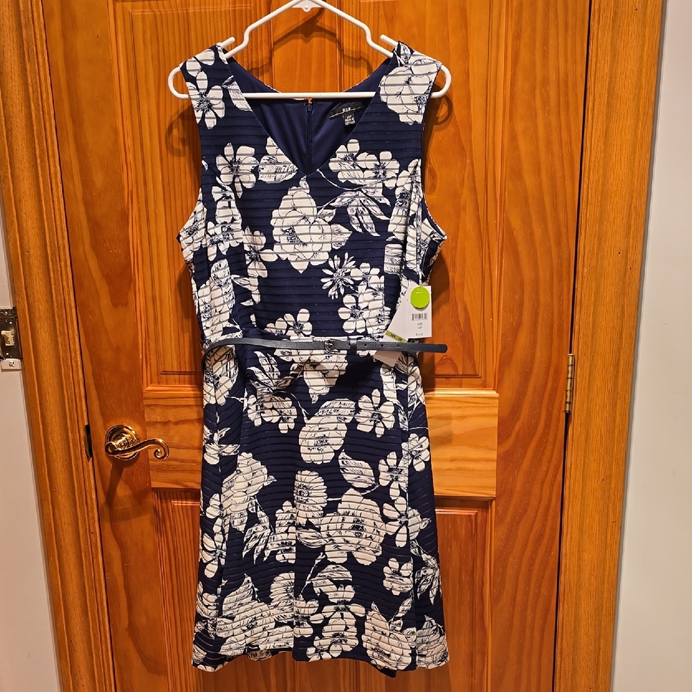 R&K Navy Blue and White Floral Sleeveless Dress 14 P